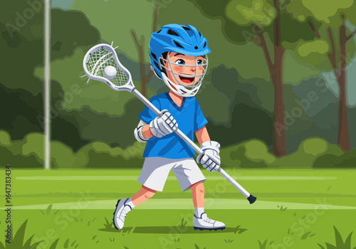 Boy Lacrosse Player with Helmet and Stick on Field