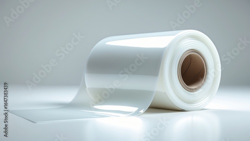 A roll of white plastic or film material on a gray surface.