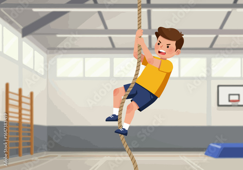 Boy Climbing Rope in Gym, Determined Expression, Athletic Activity