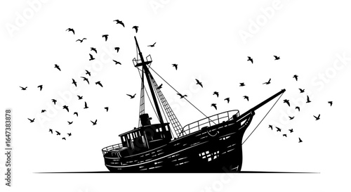 sunken ship silhouette with birds a dramatic highcontrast image perfect for nautical themes loss or environmental storytelling