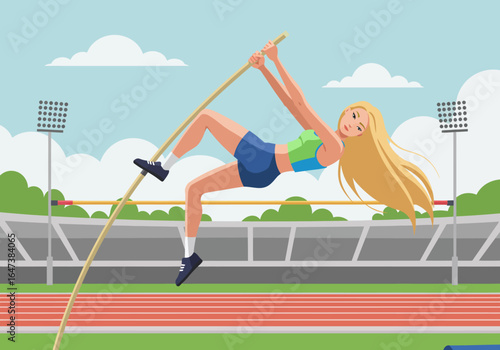 Female Athlete Performing Pole Vault at Stadium
