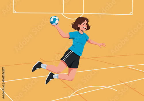 Female Handball Player in Mid-Air Throwing Ball on Court