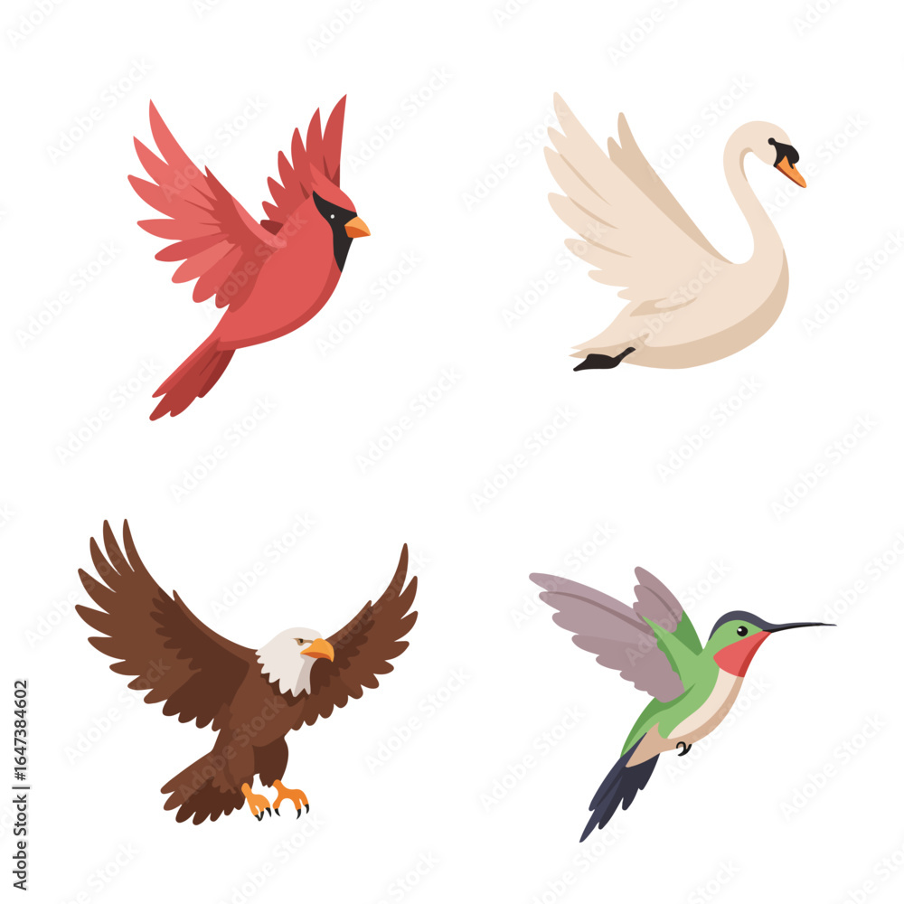 Obraz premium Four various bird species in cartoon swan, cardinal, eagle, hummingbird