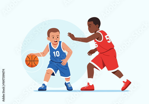 Two Young Basketball Players in Action, Dribbling and Defending on the Court