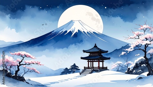 Majestic Mount Fuji under Full Moon with Cherry Blossoms and Traditional Pagoda