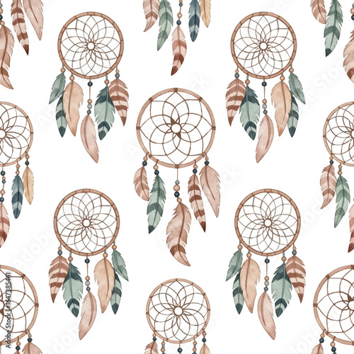 Dreamcatchers repeating design with hanging feathers in soft, natural tones of beige, green, and brown.