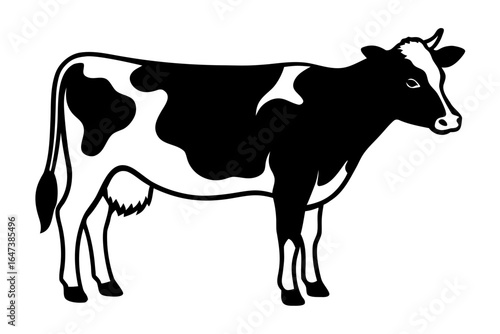 Black and white dairy cow, a cute farm animal illustration on a white background, perfect for agriculture and milk designs