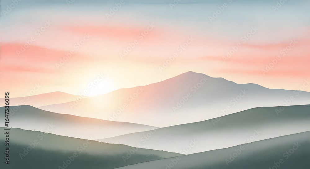 Fototapeta premium Serene Mountain Landscape: Misty Peaks at Sunrise or Sunset with Soft Hues and Layered Hills, Digital Art