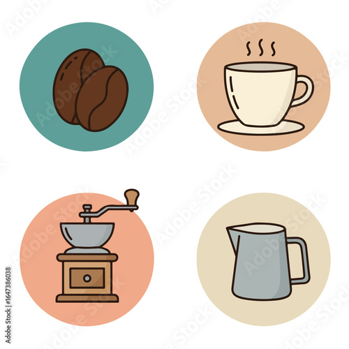Coffee Icons Beans, cup, grinder, pitcher in circles