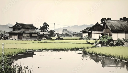 Traditional Japanese Countryside Landscape with Rice Fields