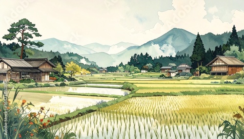 Idyllic Japanese Countryside with Rice Fields and Traditional Houses