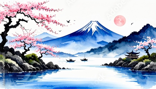 Scenic Japanese Landscape with Mount Fuji and Cherry Blossoms