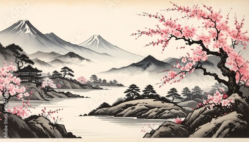 Japanese Cherry Blossoms and Mountain Landscape