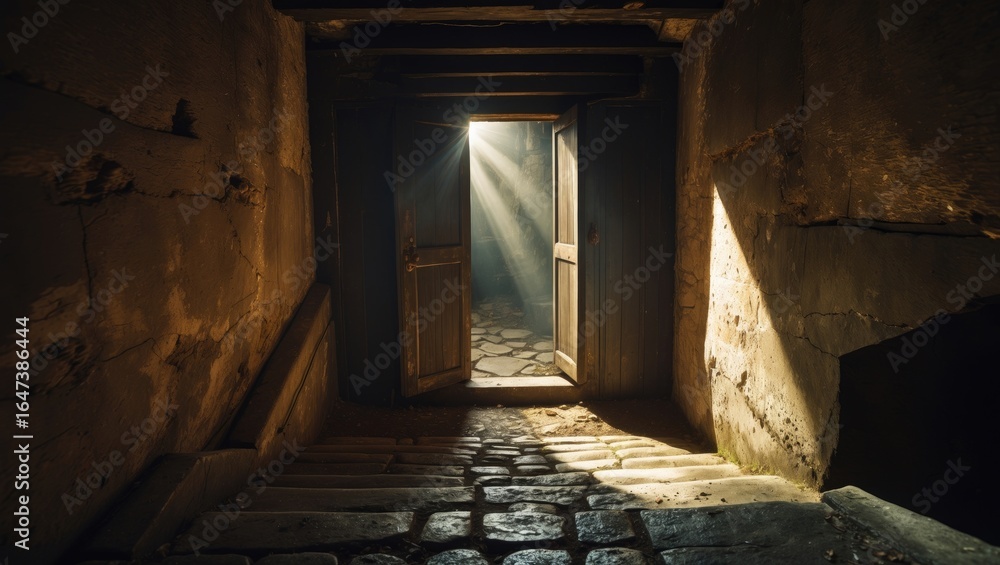 Fototapeta premium Dimly lit doorway revealing sunlight streaming through, illuminating stone steps and rugged walls.