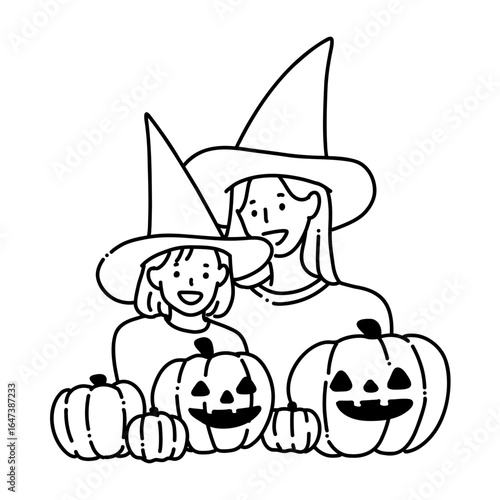 ハロウィンイベントを楽しむ母娘　線画