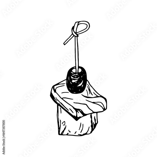 Vector isolated image of Canape, small sandwich seafood strung on skewer. Snack for alcohol, appetizer. Single black and white sketch on white background.