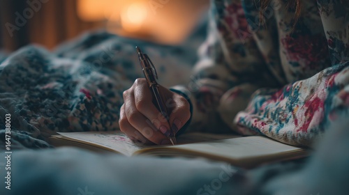 A woman writes in a cozy notebook under soft lighting, wrapped in a colorful blanket.