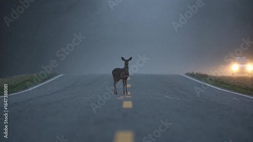 Deer standing on foggy road at night