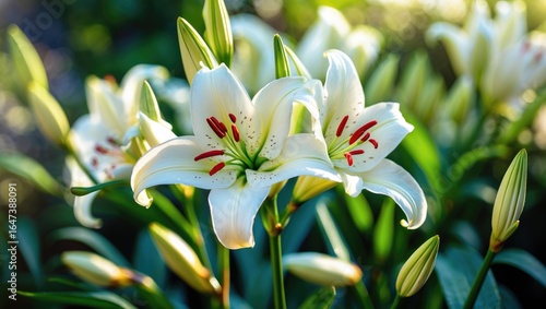 Cluster of white lilies with red stamens blooming amidst green foliage.