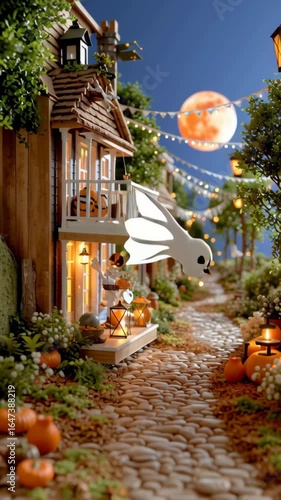 Un pueblo encantado se prepara para Halloween con luces cálidas, calabazas en el sendero y una atmósfera festiva. Destacan las decoraciones y el encantador paisaje nocturno.