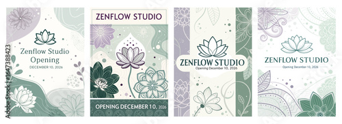 Elegant promotional graphics for ZenFlow Studio's opening, featuring floral designs and soft color palettes.