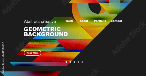 Modern website header design. Colorful geometric shapes, text elements, navigation menu present. Dark background enhances visual impact.