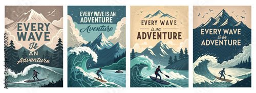 A stunning collection of adventure-themed surf illustrations with mountains and waves.