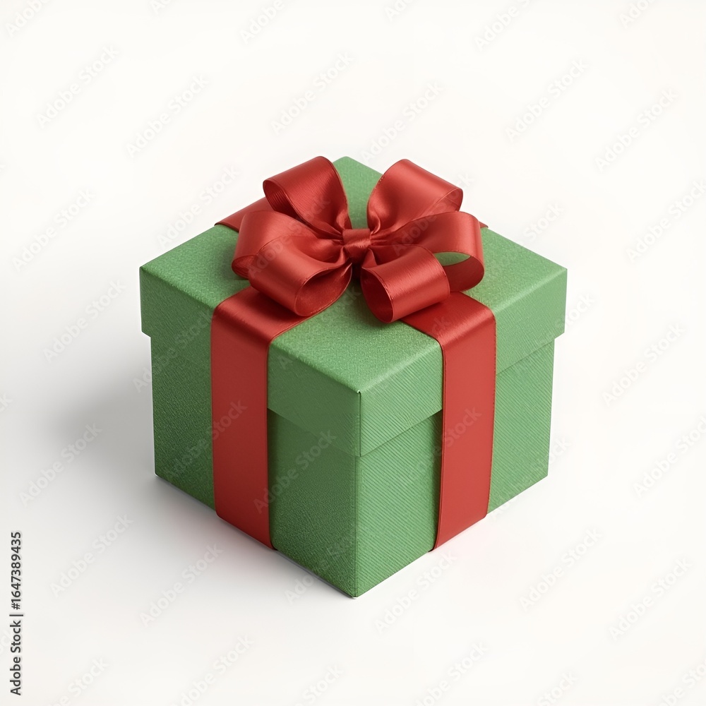 Obraz premium Vibrant Green Gift Box with Luxurious Red Ribbon – 3D Isometric Illustration