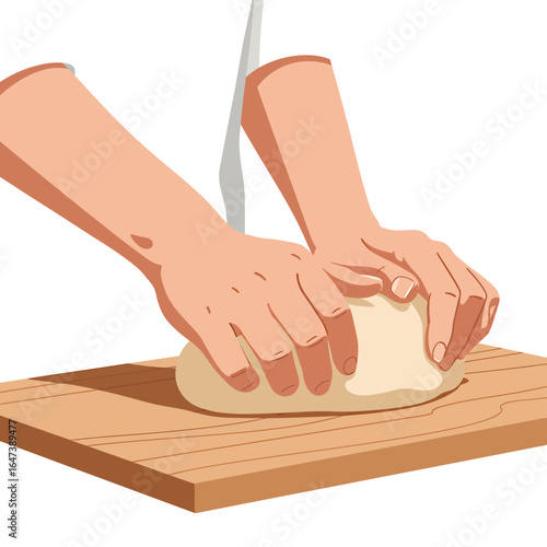 Hands Kneading Dough on Wooden Board