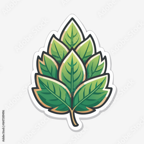 A detailed illustration of a green hop plant leaf, showcasing its intricate veins and vibrant colors.