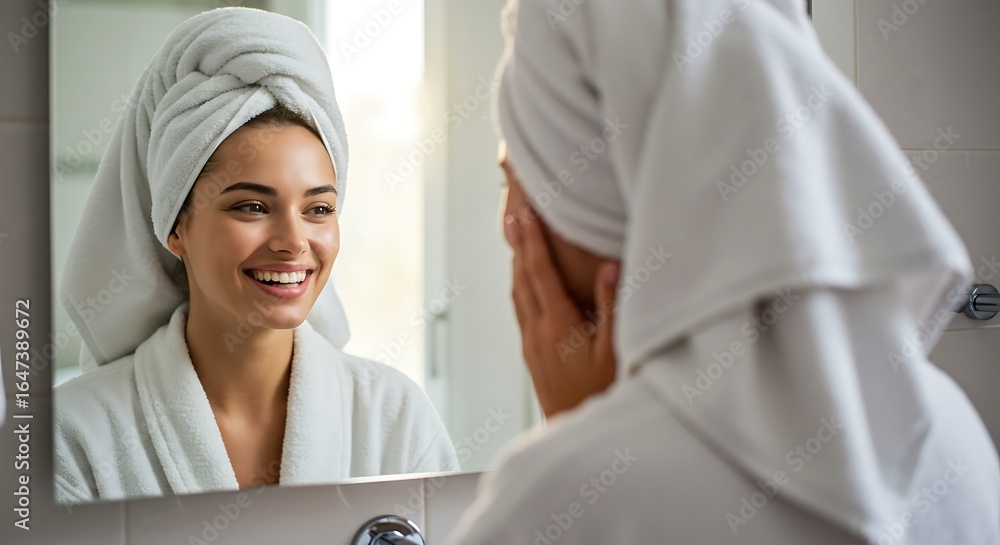 Fototapeta premium Smiling Woman in Robe and Towel Looking in Mirror