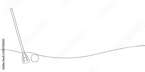 Minimalist line drawing of broomball stick and ball on ice. Winter team sport concept. Simple contour illustration. Concept for XXV Olympic Winter Games Milano Cortina 2026.