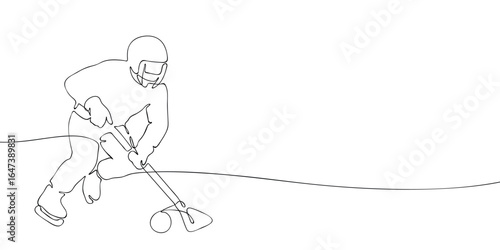 Broomball athlete in helmet playing with stick and ball on ice. Minimal linear style illustration. Winter team sport activity. Milano Cortina 2026 Winter Olympics sport concept.