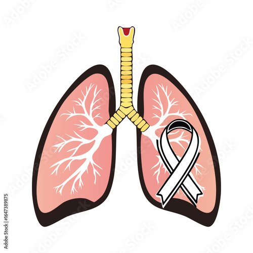 An anatomical illustration of human lungs with a white ribbon representing lung cancer awareness.