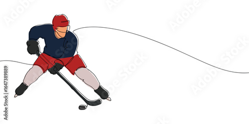 One line colored drawing of an ice hockey player in action with stick and puck. Minimalist linear illustration. Winter team sport and Olympic games concept.
