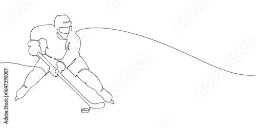 Ice hockey player in helmet skating with stick and puck. Continuous line vector illustration. Winter team sport and competition. Milano Cortina 2026 Winter Olympics sport concept.