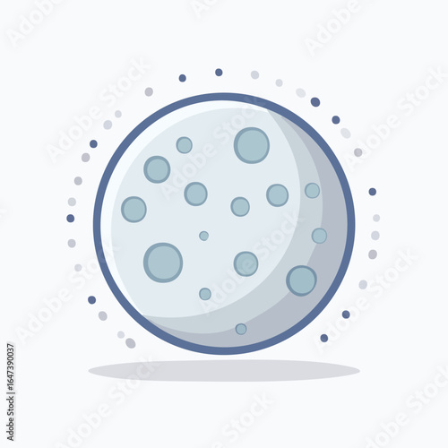 Illustration of a detailed, light blue moon with craters and a dark blue outline, in space.