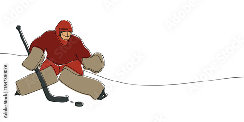 Ice hockey goalie in full protective gear with stick and puck on ice. Minimalist contour illustration of winter sport athlete. Concept for XXV Olympic Winter Games Milano Cortina 2026.