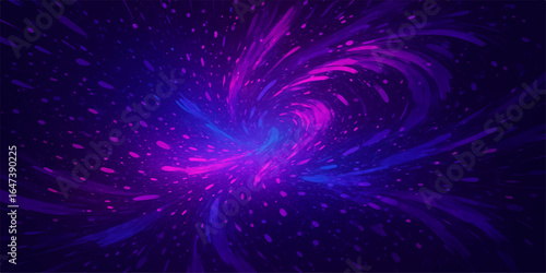 An abstract galactic design of glowing blue and purple stars bursts into a brilliant, shining pattern against a dark night sky