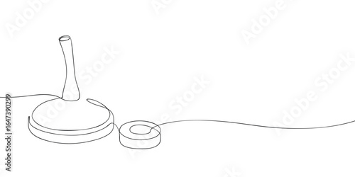 Minimalist line drawing of an ice stock sport stick and target on ice. Simple outline illustration of traditional winter sport.