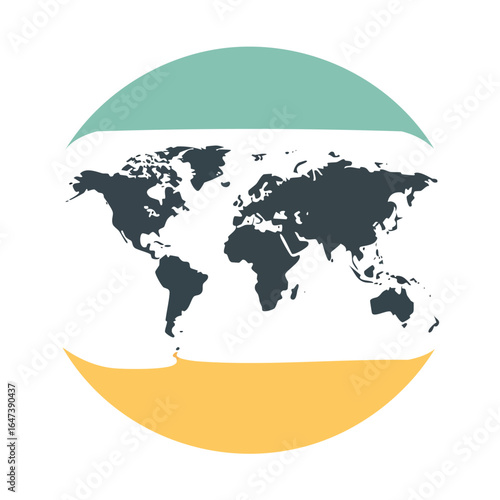 A detailed illustration of a world map inside a circular frame with color gradients.