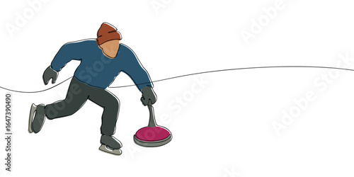 One line colored drawing of a person playing ice stock sport with skates and stick. Minimalist linear illustration. Traditional winter game and Olympic sports concept.