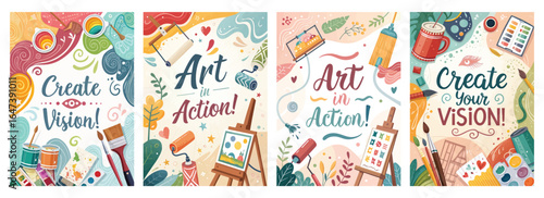 Colorful art-themed illustrations encouraging creativity and artistic expression.