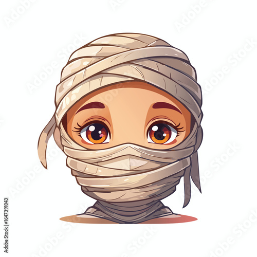 A cartoon illustration of a cute mummy character with bandages wrapped around the face.