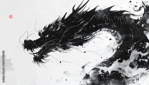 Wallpaper Mural Dynamic Ink Dragon Illustration with Abstract Elements Torontodigital.ca