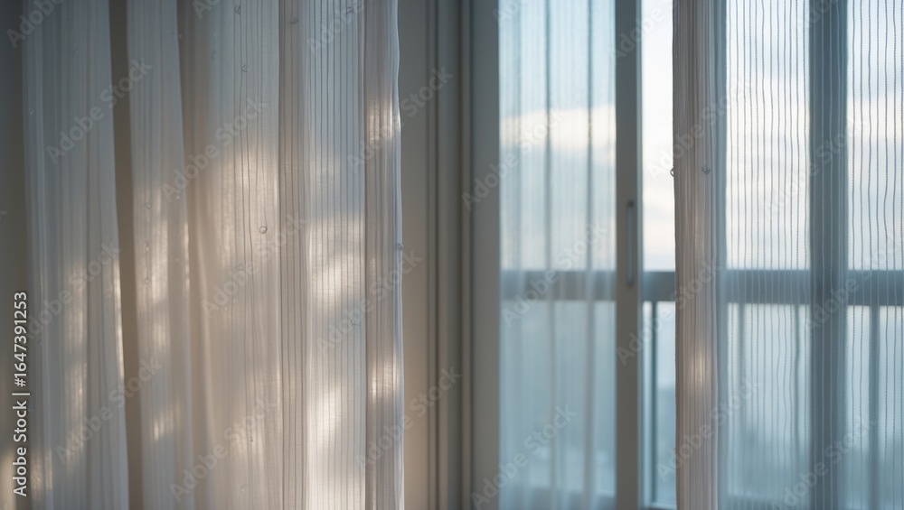 Fototapeta premium Light curtains on a window with sunlight shining through.