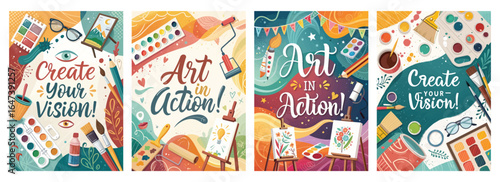 Colorful art themed illustrations showcasing creativity and inspiration with paint supplies and brushes.