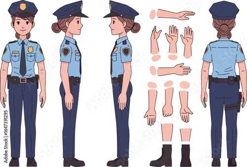 Female police officer character model sheet with front, side, and back views, plus separate body parts for animation.