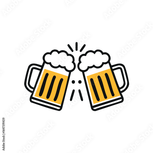 Two cartoon beer mugs clinking together, representing a celebratory toast with foamy tops.