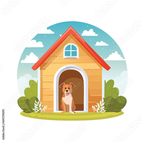 A happy dog sitting in its wooden dog house, enjoying a sunny day outdoors.